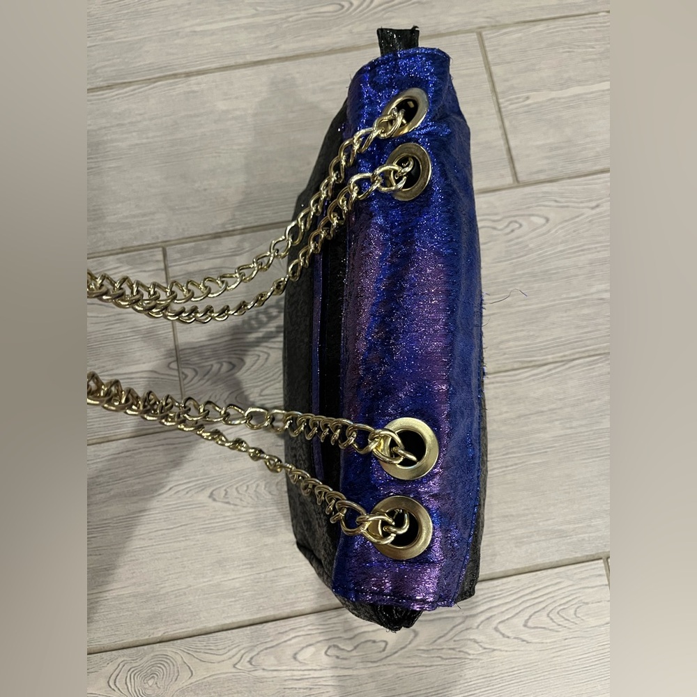 Betsey Johnson Black and Iridescent Blue/Purple Lightning Bolt Bowie Bag Rare - Picture 3 of 12